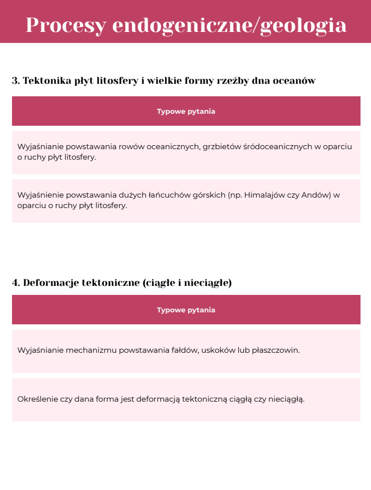 Przykłady pewniaków maturalnych z geologii. Taką listę pewniaków otrzymasz do każdego z 7 działów geografii fizycznej